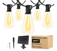 Spacelumen 30M Outdoor Festoon Lights Solar Powered, Outside Patio String with 3 Modes & 37+2 ST38 Edison Bulbs Shatterproof, Solar String Lights Outdoor Garden for Outside Garden Backyard