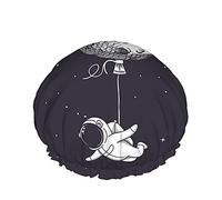 Spaceman Shower Cap,Funny Astronomy Fly With Moon Like A Balloon Waterproof Double Layer Bath Caps Perfect For All Hair Lengths And Thicknesses