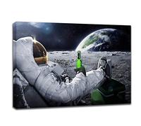 Spaceman Wall Art Decor Pictures - Astronaut Have a Rest on Moon Framed Paintings for Teens Bedroom Decor / Real Outer Space Themed Posters Universe Planet Prints for Nursery Living Room Decoration