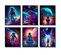Spaceman Wall Art Prints Set of 6 Funny Astronaut Posters Modern Universe Illustration Wall Decor Explore Dream Discover Inspirational Photo Picture Canvas Fashion Art Painting for Bedroom Living Room