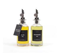 Spaceneat Oil Dispenser for Kitchen - Glass Olive Oil Bottle Set of 2 (11.8oz) with Black Weighted Self-Closing Pourer - Cooking Oil Dispenser with 66 Labels, Aligner & Funnel