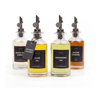 Spaceneat Oil Dispenser for Kitchen - Glass Olive Oil Bottle Set of 4 (11.8oz) with Black Weighted Self-Closing Pourer - Cooking Oil Dispenser with 66 Labels, Aligner & Funnel