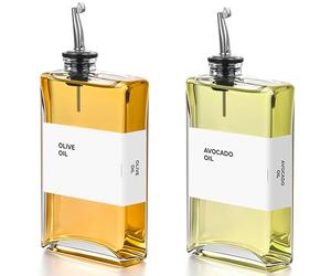 Spaceneat Olive Oil Dispenser Bottle - Includes 48 Kitchen Essential Labels - Cooking Oil Bottles for Kitchen, Coffee Syrup Dispenser - Pourer Spout with 350 mL Glass Container Cruet - 2pcs, Silver