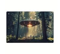 Spaceship Advanced Flying Saucers And Aliens In The Forest Picture Printing Painting Kitchen Bathroom Living Room Wall Decoration Metal Tin Sign 12x16 Inch