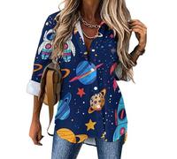 Spaceship Astronaut Women's Shirt Irregular Hem Shirt Tops Casual Long Sleeve Blouses M