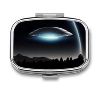Spaceship at Night Pill Box 2 Compartment - Small Metal Medicine Organizer Portable Pill Case for Purse Pocket Travel Vitamin Organizer for Men Women, BPA-Free