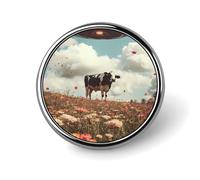 Spaceship Cow Flying Over Flower Fields Round Enamel Brooch Pin Button Badges Decoration Hat Clothing Bag Accessories Gift Crafts