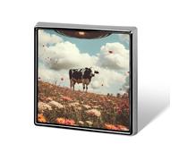 Spaceship Cow Flying Over Flower Fields Square Enamel Brooch Pin Button Badges Decoration Hat Clothing Bag Accessories Gift Crafts