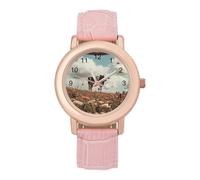 Spaceship Cow Flying Over Flower Fields Womens Leather Strap Elegant Lady Wrist Watches Casual Band Three-Hand Watch