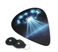 Spaceship Guitar Picks 6 Pack with Leather Guitar Pick Holder Keychain, Plectrum Key Fob Cases Bag, Abstract Art Plectrum for Acoustic Electric Guitar, Ukulele 0.96mm