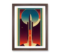 Spaceship Rocket Art Deco No.3 Framed Print | A2 Walnut Framed Wall Art | Ready to Hang | Art Deco Nature Picture | Living Room Bedroom Lounge Office