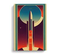 Spaceship Rocket Art Deco No.3 Red, Green, Peach Canvas Print | Gallery Wrapped 30mm Frame Wall Decor | 30x20 inches | Ready to Hang | Art Deco Still Life Picture | Living Room Bedroom Lounge Office