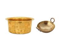 Spacetouch Brass Hammered Kadai 2 Liter with Brass Hammered Patila 2 Liter Cookware Combo Karahi with Tope Cooking Wok with Pot