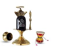 Spacetouch Natural Brass Shivlingam Shivling Abhisek Patra with Trishool and Lota Brass Shivling Lord Shiva Lingam Indian Religious Lingam with Damru Musical Percussion Damru