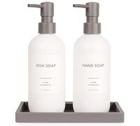 Spacewiser Plastic Soap Dispenser Set - PET Plastic Dish Soap Dispenser for Kitchen, Hand Soap Lotion Bottles with Pump Dispenser for Bathroom, Includes 8 Waterproof Labels, 16 oz, Gray Silicone Tray