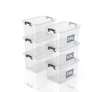 SpaceXpert Plastic Storage Boxes with Lid, Striped Storage Box 15L, Stackable Container for Home Office Accessories, Clear Bins, Polypropylene, Transparent, 15L(Set of 6)
