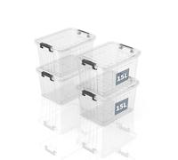 SpaceXpert Plastic Storage Boxes with Lid, Striped Storage Box 15L, Stackable Container for Home Office Accessories, Clear Bins, Polypropylene, Transparent, 15L(Set of 4)