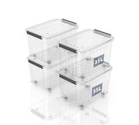 SpaceXpert Plastic Storage Boxes with Lid, Striped Storage Box with Wheels 35L, Stackable Container for Home Office Accessories, Clear Bins, Polypropylene, Transparent, 35L(Set of 4)