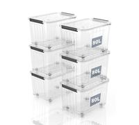 SpaceXpert Plastic Storage Boxes with Lid, Striped Storage Box with Wheels 80L, Stackable Container for Home Office Accessories, Clear Bins, Polypropylene, Transparent, 80L(Set of 6)
