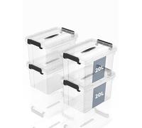 SpaceXpert Storage Boxes with Lid 20L, Plastic Storage Box with Handle, Stackable Container for Home Office Garage Accessories, Hand-Carryable Bin, Easy to Carry, Transparent, 20L(Set of 4)