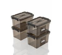 SpaceXpert Storage Boxes with Lid 20L, Plastic Storage Box with Handle, Stackable Container for Home Office Garage Accessories, Hand-Carryable Bin, Easy to Carry, Transparent Brown, 20L(Set of 4)
