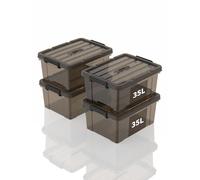 SpaceXpert Storage Boxes with Lid 35L, Plastic Storage Box with Handle, Stackable Container for Home Office Garage Accessories, Hand-Carryable Bin, Easy to Carry, Transparent Brown, 35L(Set of 4)