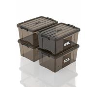 SpaceXpert Storage Boxes with Lid 65L, Plastic Storage Box with Handle, Stackable Container for Home Office Garage Accessories, Hand-Carryable Bin, Easy to Carry, Transparent Brown, 65L(Set of 4)