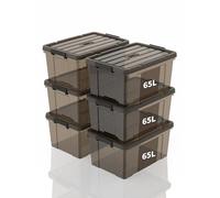 SpaceXpert Storage Boxes with Lid 65L, Plastic Storage Box with Handle, Stackable Container for Home Office Garage Accessories, Hand-Carryable Bin, Easy to Carry, Transparent Brown, 65L(Set of 6)