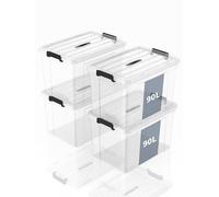 SpaceXpert Storage Boxes with Lid 90L, Plastic Storage Box with Handle, Stackable Container for Home Office Garage Accessories, Hand-Carryable Bin, Easy to Carry, Transparent, 90L(Set of 4)