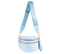 Spacious Checkered Nylon Crossbody Bag Bum Bag Checkered Handbags Wallets for Women, Light Blue Checkered, 5 inches x 14 inches x 9 inches