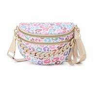 Spacious Checkered Nylon Crossbody Bag Bum Bag Checkered Handbags Wallets with Personalized Chain for Women, Chain - White Colored Leopard, L, Stylish