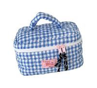 Spacious Gingham Cosmetic Featuring Quilted Heart Embroidery and Hand Handle for Gym Essentials Women ' s Makeup Bag