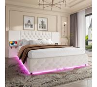 Spacious Platform Bed with Hydraulic Lift System, Modern Bed Frame with Wide Headboard and Tufting Button, 190L x 135W x 103H cm, Beige Aosom UK