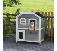 Spacious Two-Storey Wooden Cat House with Escape Door and Elevated Platforms for Indoor and Outdoor Use