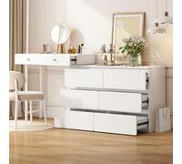 Spacious White Makeup Vanity Table with Storage 180x40x85cm 3-Tier Design 6 Drawers Includes Extendable Side Cabinets - No Chairs or Mirror Included