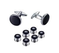 Spacmirrors Men's Cufflinks and Studs Set, Black, 8pcs (2 Cufflinks + 6 Studs), Wedding, Formal, Business, Gift for Men