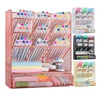 Spacrea Pen Holder Desk Organizer - Desk Organizers and Accessories, Pencil Holder with 10 Compartments and 1 Drawer（Rose Gold）
