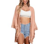 Spadehill Summer Women's Light Weight Lace Bell Sleeve Kimono Cardigan, Peach, S