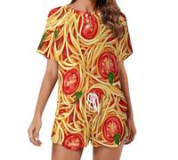 Spaghetti Pasta Noodles Tomato Sauce Pajama for Women Short Sleeve Sleepwear Pjs Set Casual 2 Piece Loungewear L