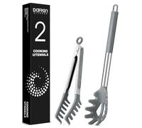 Spaghetti Spoon and Pasta Tong, Non-Stick Silicone Spoon Server Fork with Teeth and Stainless Steel Handle Spaghetti Tong, Food Clip for Spaghetti Noodle (Grey)