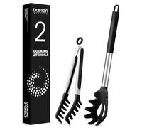 Spaghetti Spoon and Pasta Tong, Non-Stick Silicone Spoon Server Fork with Teeth and Stainless Steel Handle Spaghetti Tong, Food Clip for Spaghetti Noodle (Black)