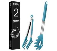 Spaghetti Spoon and Pasta Tong, Non-Stick Silicone Spoon Server Fork with Teeth and Stainless Steel Handle Spaghetti Tong, Food Clip for Spaghetti Noodle (Blue)