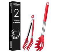 Spaghetti Spoon and Pasta Tong, Non-Stick Silicone Spoon Server Fork with Teeth and Stainless Steel Handle Spaghetti Tong, Food Clip for Spaghetti Noodle (RED)