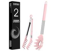 Spaghetti Spoon and Pasta Tong, Non-stick Silicone Spoon Server Fork With Teeth and Stainless Steel Handle, Food Clip for Noodles, Pink