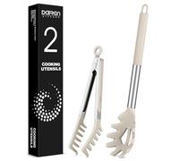 Spaghetti Spoon and Pasta Tong, Non-Stick Silicone Spoon Server Fork with Teeth and Stainless Steel Handle Spaghetti Tong, Food Clip for Spaghetti Noodle (Khaki)