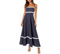 Spaghetti Strap Dresses for Women 2024 Summer Beach Colour Block Smocked Tiered Skirt Maxi Dresses (Indigo-04, M)