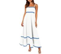 Spaghetti Strap Dresses for Women Summer Beach Colour Block Smocked Tiered Skirt Maxi Dresses (Blue + White-07, L)