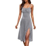 Spaghetti Strap Dresses for Women UK, Midi Dresses Slim Fitted Dress Sexy Low-Cut Cami Dress High Side Split Tank Sundresses Solid Color Polka Dot Sundress Knee-Long Beach Sundress Grey
