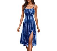 Spaghetti Strap Dresses for Women UK, Midi Dresses Slim Fitted Dress Sexy Low-Cut Cami Dress High Side Split Tank Sundresses Solid Color Polka Dot Sundress Knee-Long Beach Sundress Dark Blue