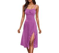 Spaghetti Strap Dresses for Women UK, Midi Dresses Slim Fitted Dress Sexy Low-Cut Cami Dress High Side Split Tank Sundresses Solid Color Polka Dot Sundress Knee-Long Beach Sundress White